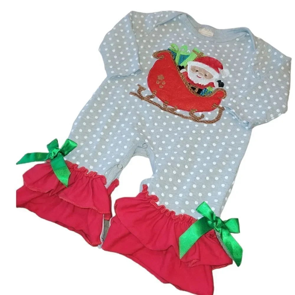 Santa's Sleigh Gray Polka Ruffle Baby Girls Christmas Romper 3-6m